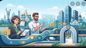 Современная бизнес-иллюстрация с финансовыми графиками и символикой Киева для статьи о налоговых изменениях.