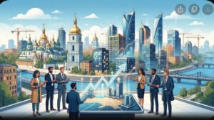 Современная иллюстрация коммерческой недвижимости Киева с видом на бизнес-центры для статьи о трендах аренды